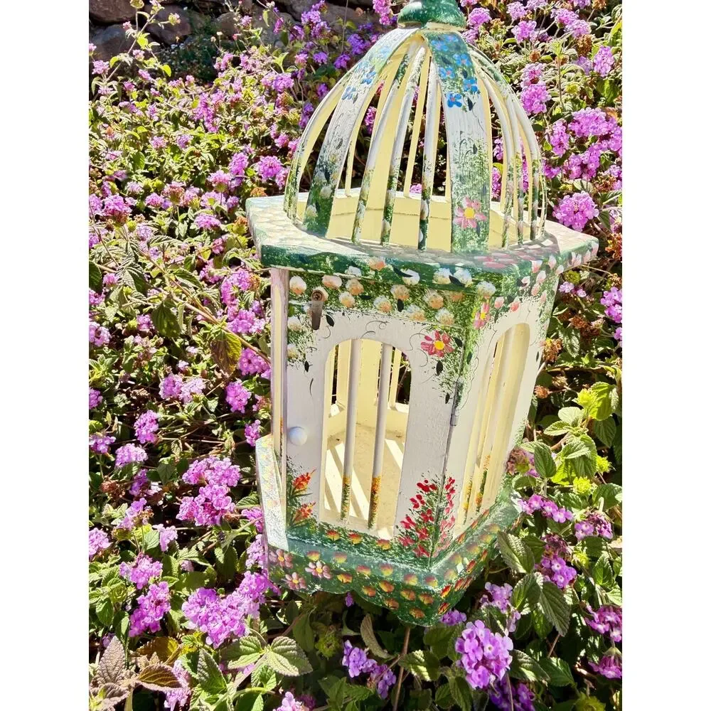 Hand Painted Wood Floral Birdcage Hanging Decor Folk Art Cottagecore Grandmacore